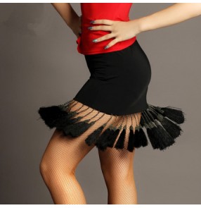 Black red fringes tassels short length women's ladies stage performance professional latin salsa cha cha dance skirts